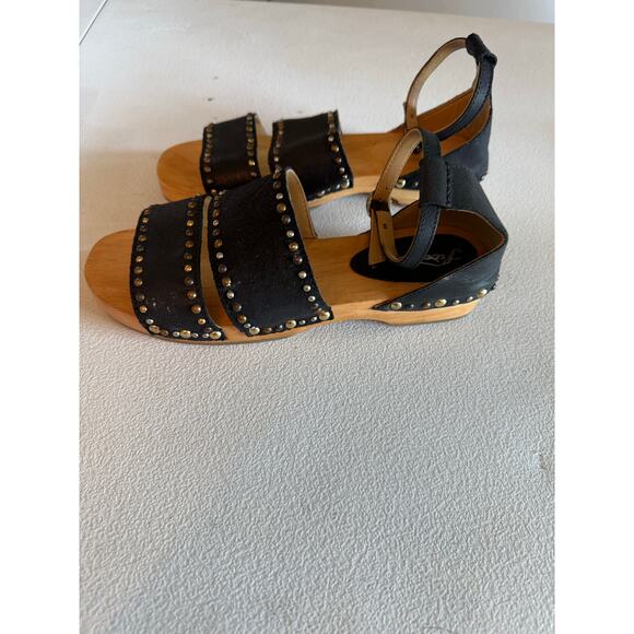 Free People North Shore Black Ankle Strap Leather Sandals EU38 US 8 Wooden Heel - Picture 2 of 5